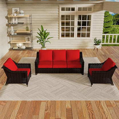 Vista Vibe 3 Pieces Outdoor Patio Conversation Furniture Set - 78" 3-seat Sofa | 2 Wicker Chairs, Deep Seat Loveseat, Removable Cushions, Hand-Woven PE Rattan Couch, Balcony (Brown/Red)
