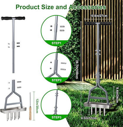 Lawn Coring Aerator, Manual Aerator Lawn Tool, Stainless Steel 4 Core Aerator And Soil Core Storage Tray, Plug Aerator For Garden Tools & Yard tools, For Loosening Soil and Improving Lawn Health