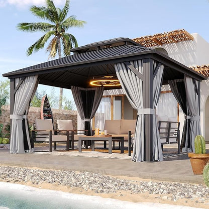 Aoxun Hardtop Gazebo 10x12, Aluminum Frame Canopy with Double Galvanized Steel Roof, Outdoor Gazebo with Breathable Netting and Privacy Curtain for Backyard, with Ground Nails