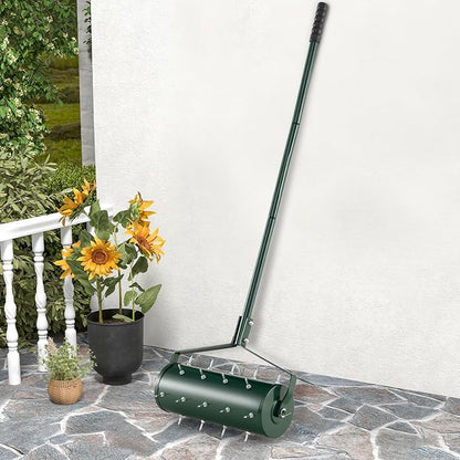 Goplus Rolling Lawn Aerator, 18-Inch Garden Yard Rotary Push Tine Filled Sand Stone, Heavy Duty Spike Soil Aeration w/Metal Handle, Fillable Drum 51" Manual Lawn Aeration Tool Garden Grass Patio Yard