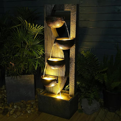 Outdoor-Water-Fountain Waterfalls Garden Fountain 5-Tier Outdoor Floor Standing Water Fountains with Natural Stones, LED Lights, Pump for Garden, Living Room, Patio, 49.2 Inches Tall