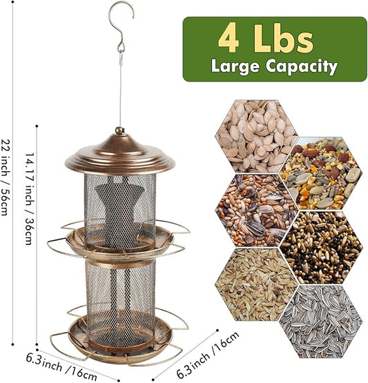 Bird Feeder for Outdoors, Double Layered Circular Tower Birdfeeder, Metal Bird Feeders with Cover Fixing Buckle for Outside Hanging, 4Lbs Capacity