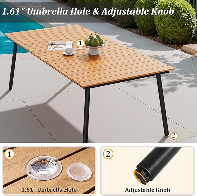Outdoor Dining Table for 6-8, 82.7 inch Patio Dining Table with Wooden-Like Top and Aluminum Frame, Rectangular Table with Umbrella Hole Outdoor Furniture, Brown