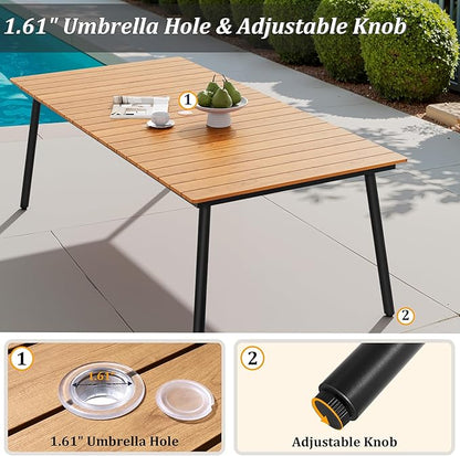 Outdoor Dining Table for 6-8, 82.7 inch Patio Dining Table with Wooden-Like Top and Aluminum Frame, Rectangular Table with Umbrella Hole Outdoor Furniture, Brown