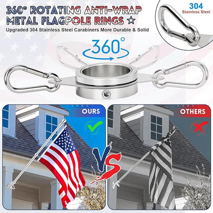 REERON Flag Pole for Outside House Porch Wall Mount, 7 FT No Tangle Stainless Steel Spinning Flagpole Kit with 1" 360° Metal Flag Pole Rings Clips & 2-Position Holder for 3x5' 4x6' American Flags