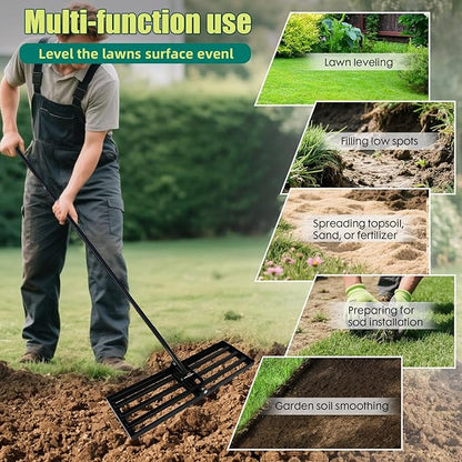 Lawn Leveling Rake 17 x 10 Inch Stainless Steel Heavy Duty Ground Leveler, Flipping-Resistant Smooth Edge, Adjustable Handle 28–60 Inches for Backyard Landscape, Garden, Golf Course, Farm, Pasture.