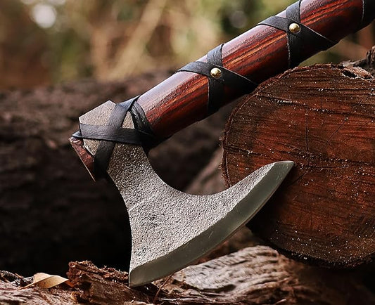 WAZIR Crafts Viking Axe | 17″ Hand-Forged Carbon Steel Tomahawk with Rosewood Handle & Leather Sheath, Bearded Axe for Camping, Bushcraft, Throwing, Gifts for Men (WCA‑015)