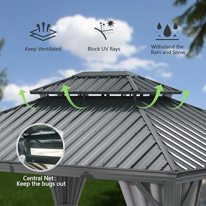 Domi 12'x14' Hardtop Gazebo Canopy,Outdoor Aluminum Gazebo with Galvanized Steel Double Roof,Permanent with Drainage System,Curtain and Netting Included,Grey