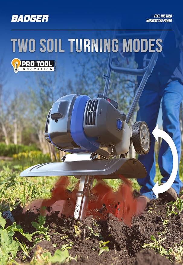 WILD BADGER POWER Garden Tiller 53cc Mini Cultivator 15 inch Powerful Liftable Booster Rod Tilling Tool for Lawn, Garden and Field Soil Cultivation