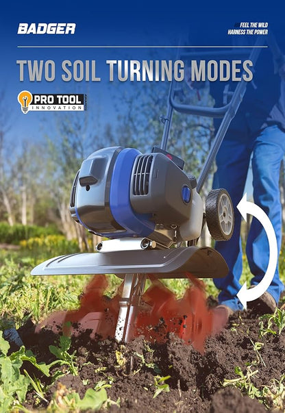 WILD BADGER POWER Garden Tiller 53cc Mini Cultivator 15 inch Powerful Liftable Booster Rod Tilling Tool for Lawn, Garden and Field Soil Cultivation