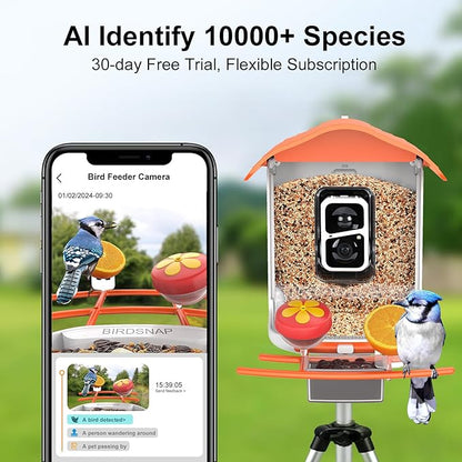 birdsnap® PAV- Smart Bird Feeder with Camera Solar Powered, 64GB Card & 2K HD Record Video Bird Camera Live with 5 DIY Add-ons, AI Identify Auto Capture, Ideal Gift for Birds Lover