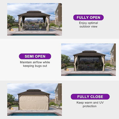 PURPLE LEAF 10’ X 14’ Outdoor Hardtop Gazebo Metal Frame Galvanized Steel Double Roof with Curtains and Nettings for Patio Desk Backyard Bronze