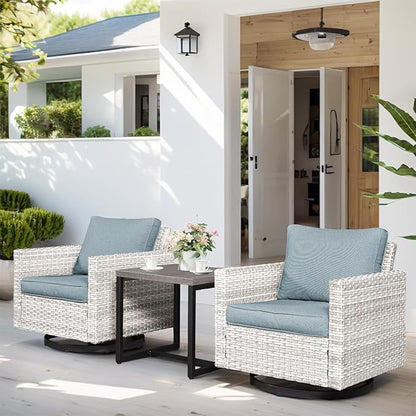 HUMMUH 3-Piece Patio Swivel Chairs,PE Wicker Outdoor Rocking Chairs Bistro Set with Side Table Porch Balcony Furniture with Cushions