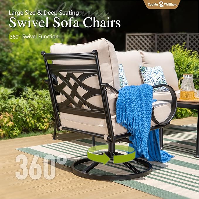 Sophia & William 6 Piece Patio Furniture Set Outdoor Couch Sofa, Sectional Conversation Sets 7 Seat Clearance with 3-seat Sofa x 1, Swivel Chair x 2, Cushioned Chair x 2, Metal Coffee Table x 1, Beige