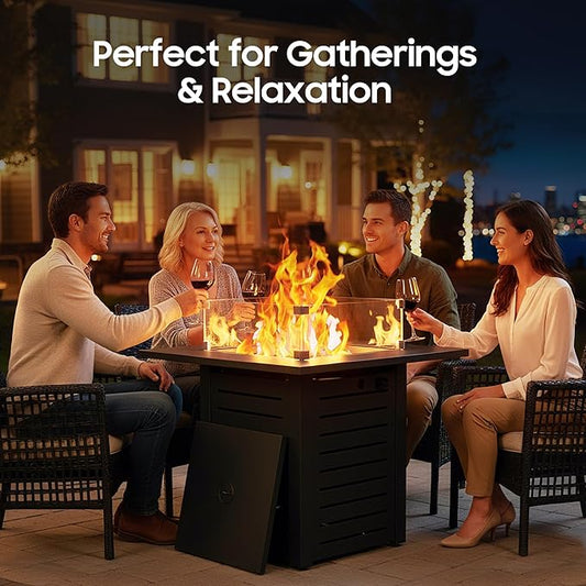 28 Inch Outdoor Propane Fire Pit,50,000 BTU Gas Firepit Table with Steel Lid,304 Stainless Steel H-Burner,Lava Rocks and Wind Guard,Fire Pits for Outside Patio Deck Garden,Black