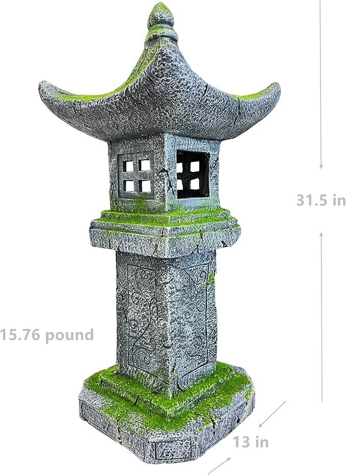 Japanese Pagoda Statue Solar-Powered LED Light Moss-Covered Retro Miniature Tower Lantern Garden Decoration Figurines Solar Lamp Outdoor Asian Decoration Zen Courtyard Landscape 31.5’’High