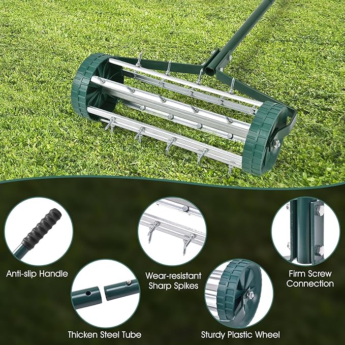 S AFSTAR 17-Inch Rolling Lawn Aerator, Spike Lawn Aerator Roller with 50-Inch Anti-Slip Handle & Tine Spikes, Garden Grass Lawn Soil Aeration Tool, Lawn Aerator Machine for Garden Patio Yard