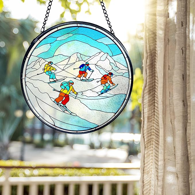 kdqua Winter Ski Suncatcher Stained Glass Window Hanging, Ski Lovers Gifts for Women Sun Catchers Indoor Window Glass Round Wall Decor, Winter Skiing Wall Art Hanging Decorations Statues, 7.9x7.9in