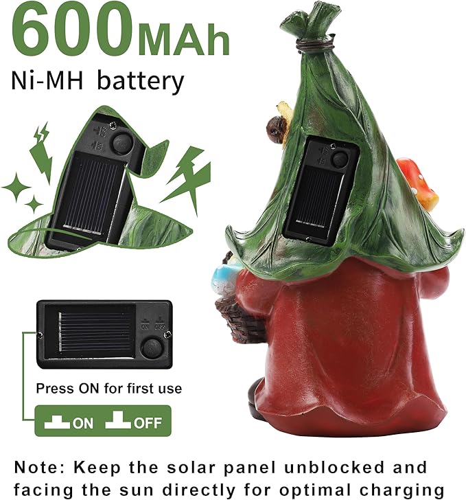 Mushroom-Picking Gnome Solar Garden Statue with 3 LED Lights, Set with 1 Gnome and 2 Small Mushroom, Lovely Garden Gnome Set for Patio, Yard, Lawn Ornament, Outdoor Decor