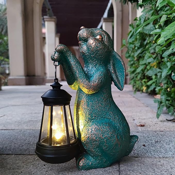 JOYBEE Garden Statues Rabbit with Solar Lantern Outdoor Decor-Rabbit Solar Figurines Lights Decorations for Patio Yard Lawn Ornaments-Gifts for Birthday Easter Housewarming