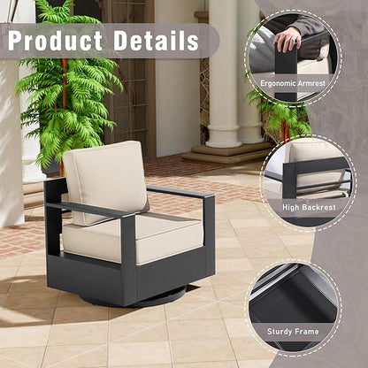 Aluminum Patio Swivel Chair - Outdoor 360°Swivel Chair with 6" Thick Water-insistant Cushions, All-Weather Use Frame, Removable Cover, Ideal for Garden, Poolside (Beige)