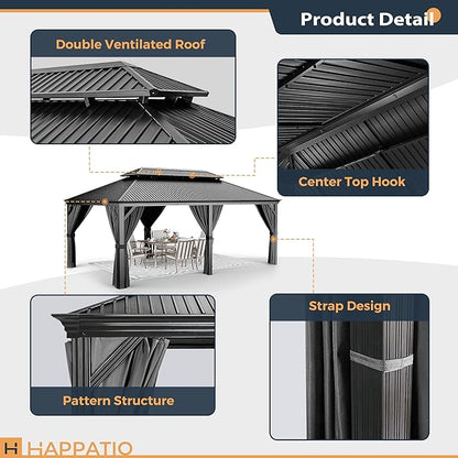 HAPPATIO 12' x 20' Hardtop Gazebo, Outdoor Aluminum Frame Gazebo with Galvanized Steel, Double Roof Permanent Patio Metal Canopy with Netting and Curtains for Backyard, Patio, Deck (Gray)