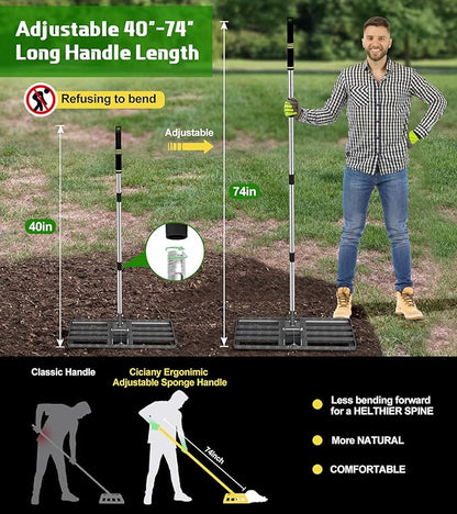 Lawn Leveling Rake, 30x10 Inch Heavy-Duty Levelling Rake with 6.2FT Adjustable Stainless Steel Handle, Lawn Leveler Tool for Yard, Garden, Golf Course, Farm Pasture