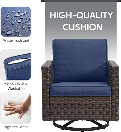 6 Piece Wicker Patio Furniture with Fire Pit Table - Outdoor Conversation Set with 50,000 BTU Fire Pit, All Weather Rattan Patio Set for Deck Backyard Garden - Brown Wicker Blue Cushion