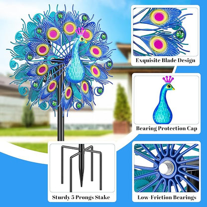 Metal Outdoor Wind Spinner, 2-Way Wind Sculpture Spinner with Metal Stake, Waterproof 360 Degrees Kinetic Windmill Art Decoration for Patio Garden Lawn (Peacock A)