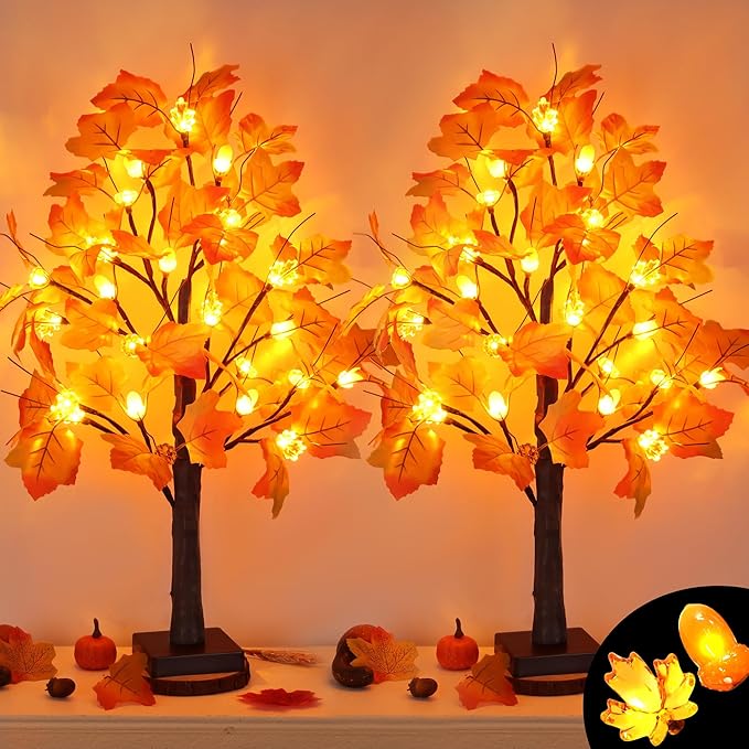 2 Pack 24 Inch Artificial Lighted Fall Maple Tree Thanksgiving Decorations with 48 LEDs Battery Operated Timer Prelit Acorn Maple Tree Lights for Thanksgiving Table Decor Home Indoor Autumn Harvest