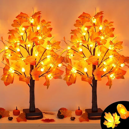 2 Pack 24 Inch Artificial Lighted Fall Maple Tree Thanksgiving Decorations with 48 LEDs Battery Operated Timer Prelit Acorn Maple Tree Lights for Thanksgiving Table Decor Home Indoor Autumn Harvest