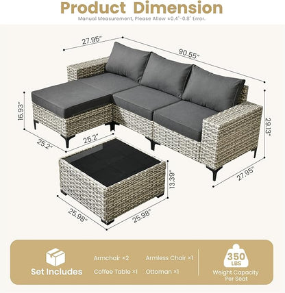 HOOOWOOO Outdoor Sectional Furniture Set,5 PCS Wicker Patio Couch Sets,L Shape All Weather Resistant Outside Conversation Sofa Set with Ottoman Table,Black