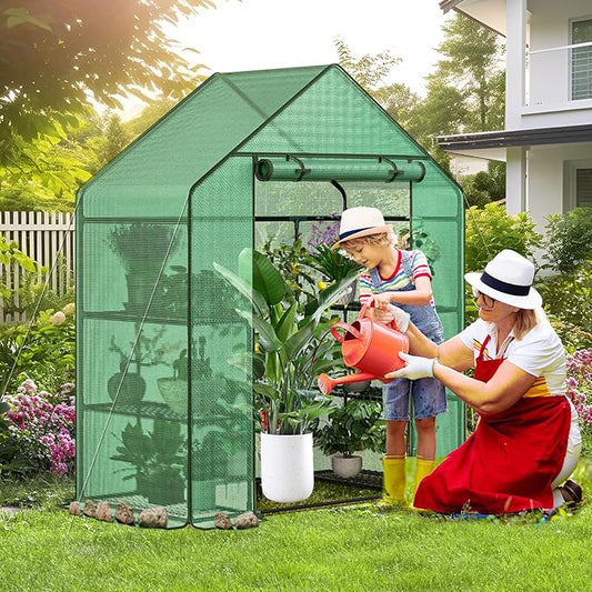 Greenhouse, 56 x 28 x 76'' Heavy Duty Greenhouses for Outdoors, Green House with Roll-Up Door Thicken PE Cover, Portable Walk-in Green Houses for Outside with 3 Tier 4 Shelves
