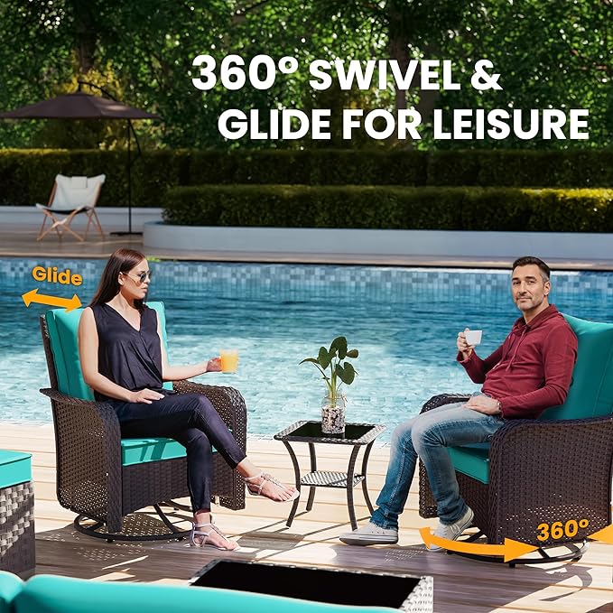 12 Pcs Outdoor Patio Furniture Set Outdoor Furniture All Weather Patio Sectional Sofa PE Wicker Modular Conversation Sets with Coffee Table, Swivel Rocking Chair (Turquoise)