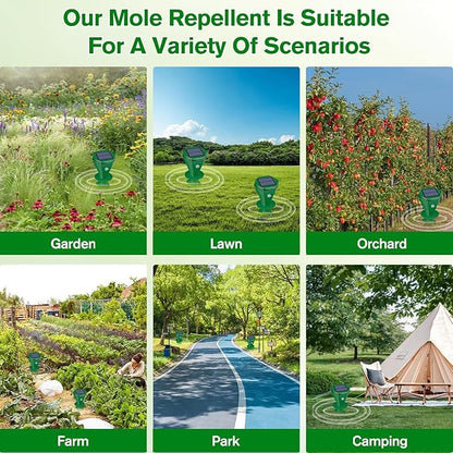 Mole Repellent Solar Powered Ultrasonic, Gopher Repellent Outdoor for Lawn Garden Yard,Waterproof Mole Killer Traps,Sonic Spikes Get Rid of All Pests Gopher Vole Groundhog Chipmunk Snake, 2 Pack-Green