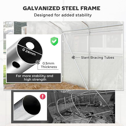 Outsunny 13' x 10' x 6.5' Hoop House Greenhouse with Large Windows and Zippered Door, Large Walk-in Tunnel Green House with Upgraded Galvanized Steel Frame, PE Cover, Gardening Plant Hot House, White