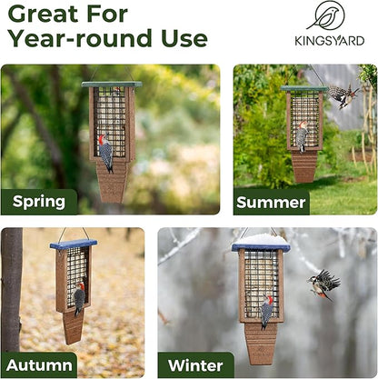 Kingsyard Recycled Plastic Suet Bird Feeder, Double Capacity Tail-Prop Suet Feeder for Outside Hanging, Sturdy & Durable, Great for Woodpecker & Clinging Birds, Green