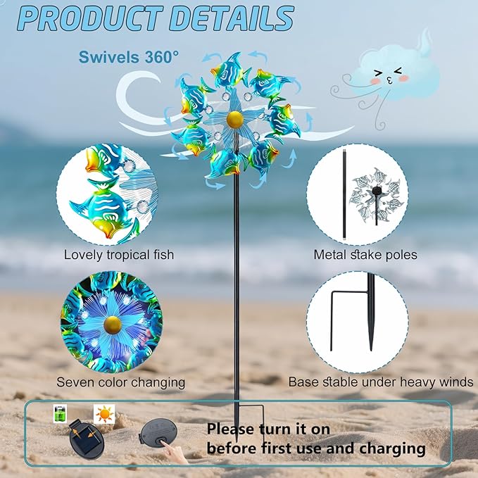 Tropical Fish Solar Wind Spinner Outdoor,51'' Windmill Ocean Theme with Gem Decor Color Changing LED Light Kinetic Wind Sculpture Garden Stakes Yard Art for Patio,Pathway,Lawn,Swimming Pool
