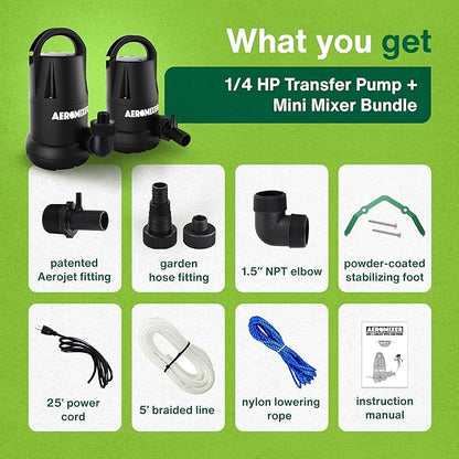 Aeromixer Mini 1/4 HP Submersible Mixing + Aerating Pump with 1/4 HP Water Transfer Pump Bundle - Water Aerator & Garden Utility Pumps, Nutrient Mixing & Aeration Pumps for Farming & Gardening