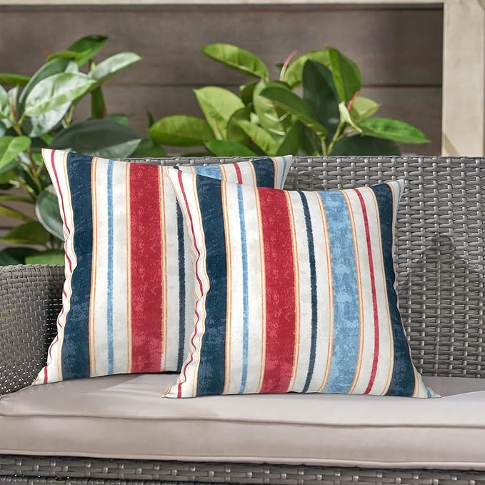 LVTXIII Outdoor/Indoor Throw Pillows, Decorative Throw Pillows with Inserts, 18"x18" Square Pillows for Bed, Couch, Sofa and Patio Furniture, Set of 2, Stripe Red Blue