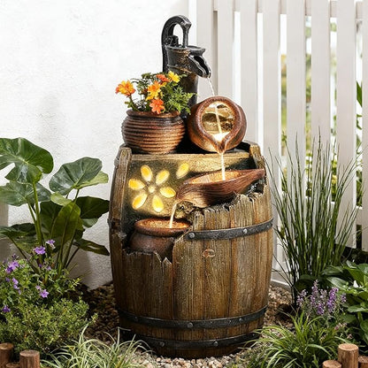 Water Fountain Outdoor Rustic Barrel,4 Tiered Wood Barrel Cascading Water Fall Fountains Outside Feature with LED Lights for Garden, Patio, Porch, Backyard Decor 14.6" L x 14.6" W x 29" H