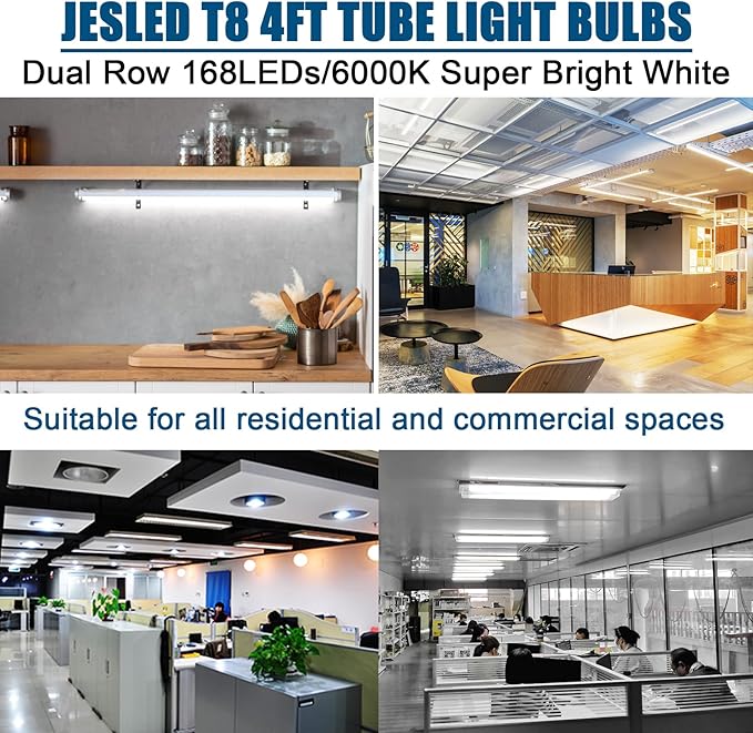 JESLED 4FT LED T8 Type A+B Tube Lights, 24W(65W Equivalent), 3200LM, 6000K, Single or Double End Powered, Plug and Play or Ballast Bypass, 4 Foot T10 T12 Fluorescent Bulbs Replacement, Clear(25-Pack)