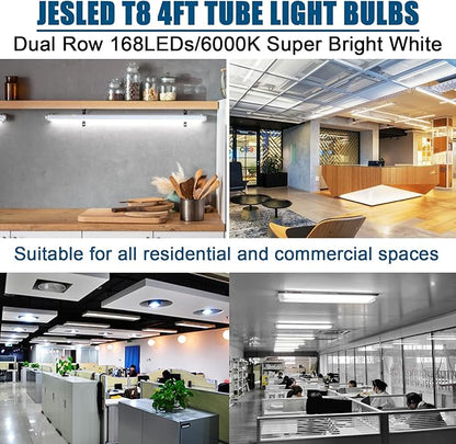JESLED 4FT LED T8 Type A+B Tube Lights, 24W(65W Equivalent), 3200LM, 6000K, Single or Double End Powered, Plug and Play or Ballast Bypass, 4 Foot T10 T12 Fluorescent Bulbs Replacement, Clear(12-Pack)