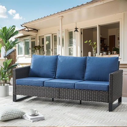 HUMMUH 10 Piece Patio Furniture Set PE Wicker 3 Outdoor Sectional Sofa Set with Patio Swivel Chairs Dinning Table Ottomans for Porch,Garden,Backyard,Deck(Brown/Blue)