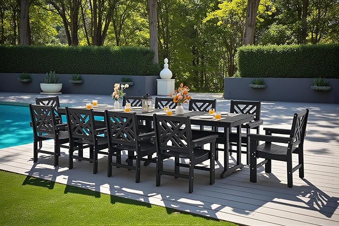 12 Piece HDPE Outdoor Dining Set for 10, Patio HDPE Furniture Set with 2 Table and Umbrella Hole, Outdoor Table and Chairs for Garden, Poolside, Backyard, Deck