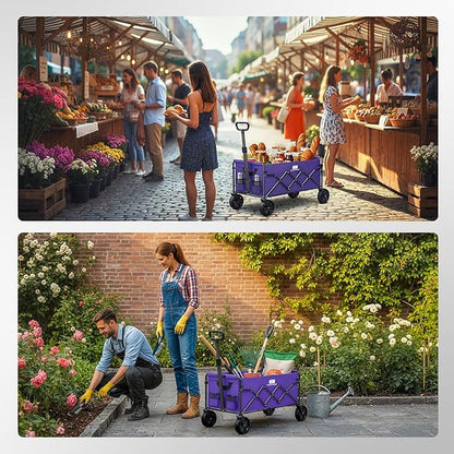 Collapsible Foldable Wagon, Foldig Cart with Wheel Heavy Duty with 180lbs Weight Capacity Lightweight Utility Camping Wagon for Groceries Garden Beach Sports Fishing(Violet)