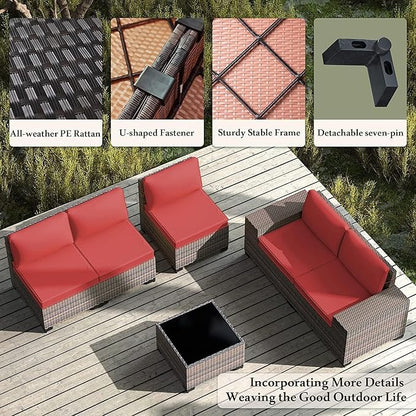 Outdoor Patio Furniture Set, 12 Pieces Outdoor Furniture All Weather Patio Sectional Sofas PE Wicker Modular Conversation Sets with Coffee Table,10 Chairs & Seat Clips Red.