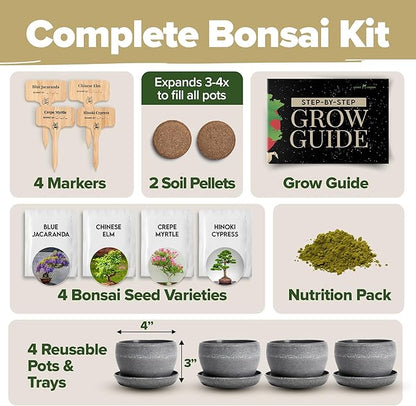 HOME GROWN Bonsai Tree Kit – Grow 4 Bonsai Types Indoors with Complete Starter Kit Including Pots Peat Pellets and Bonus Grow Guide – Unique Gardening Gift for Men Women Beginners