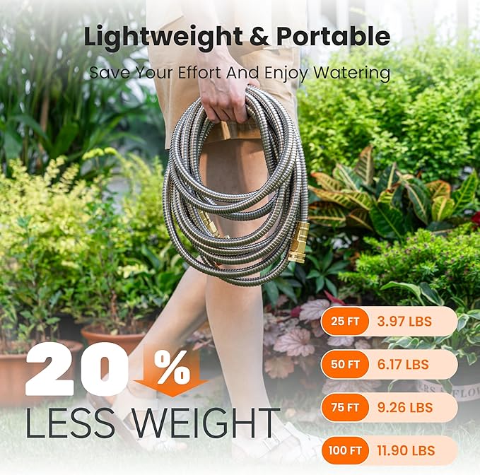 Girafe Tools Garden Hose 75ft x 5/8", 304 Stainless Steel Metal Water Hose, No Kink Garden Water Hose with 9 Pattern Spray Nozzle, Flexible, Lightweight, Kink Free Hose for Yard, Outdoor