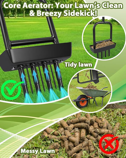 2-in-1 Manual Lawn Aerator Tool with Soil Core Storage Tray - 41.3" Heavy Duty Carbon Steel Garden Core Aerator Lawn Tool- Multifunctional Spike & Plug Aerator for Compacted Soil(Black + Orange)